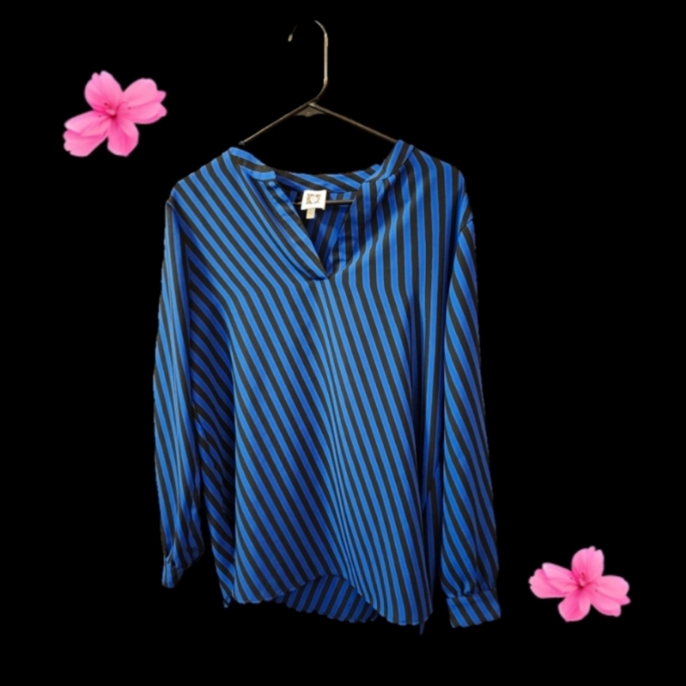 ANNE KLEIN - WOMEN'S BLOUSE - BLACK AND BLUE STRIPE TUNIC - SIZE S